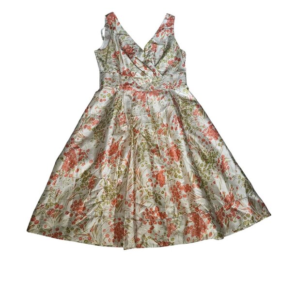 Talbots Women's Cream/Orange Floral 100% Silk V-Neck Fit & Flare Dress Size 10 - Picture 2 of 14